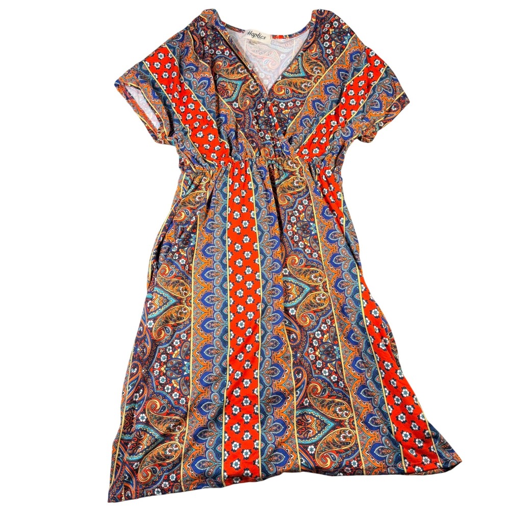 Haptics Holly Harper Floral V-Neck Empire Waist Dress Red Blue Small boho